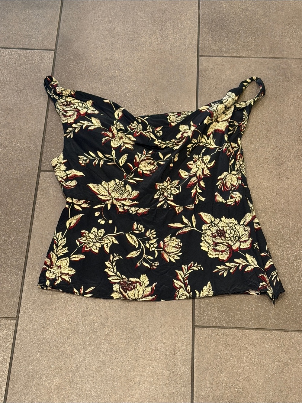 J. Crew Size 6 Black Floral Cowl Neck Camisole with Maroon, Tan Gold Accents